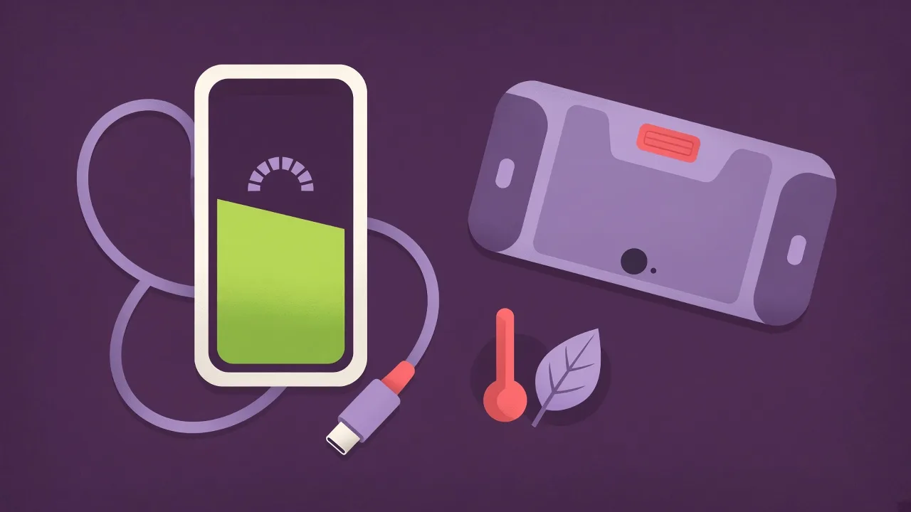 Ilustración de un icono de batería a media carga con un cable USB-C, un termómetro y una hoja junto a una consola portátil