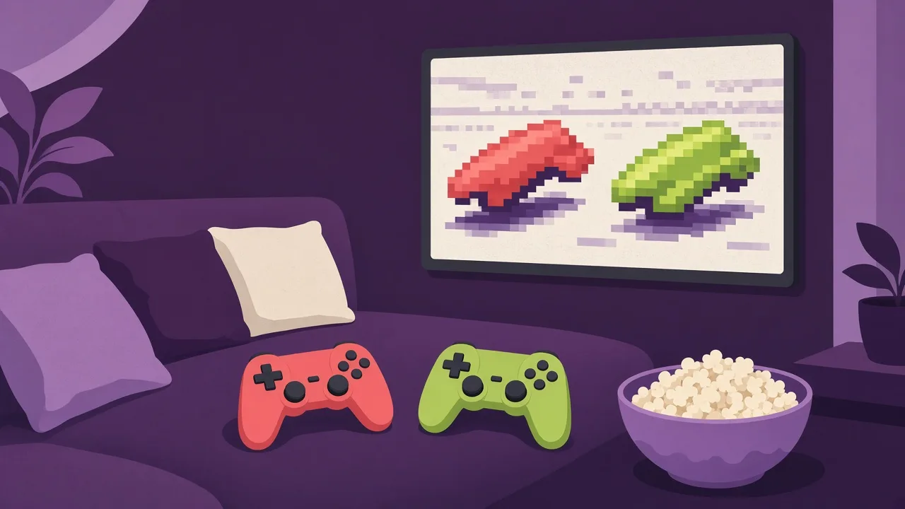 Ilustración de dos mandos de colores sobre un sofá frente a un televisor con dos figuras pixeladas y un bol de palomitas