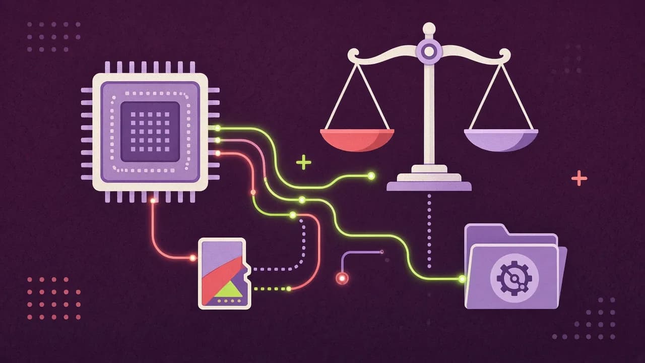 Ilustración de un chip conectado con líneas de colores a una tarjeta de memoria, una balanza y una carpeta