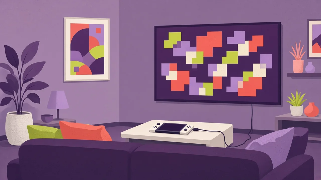 Ilustración de un salón con una consola portátil sobre una mesa baja conectada por cable a un televisor