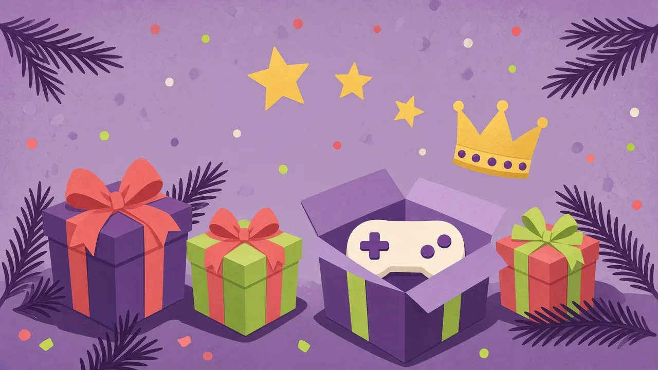 Ilustración de regalos envueltos con lazos de colores, una corona dorada y estrellas, con un mando dentro de una caja abierta