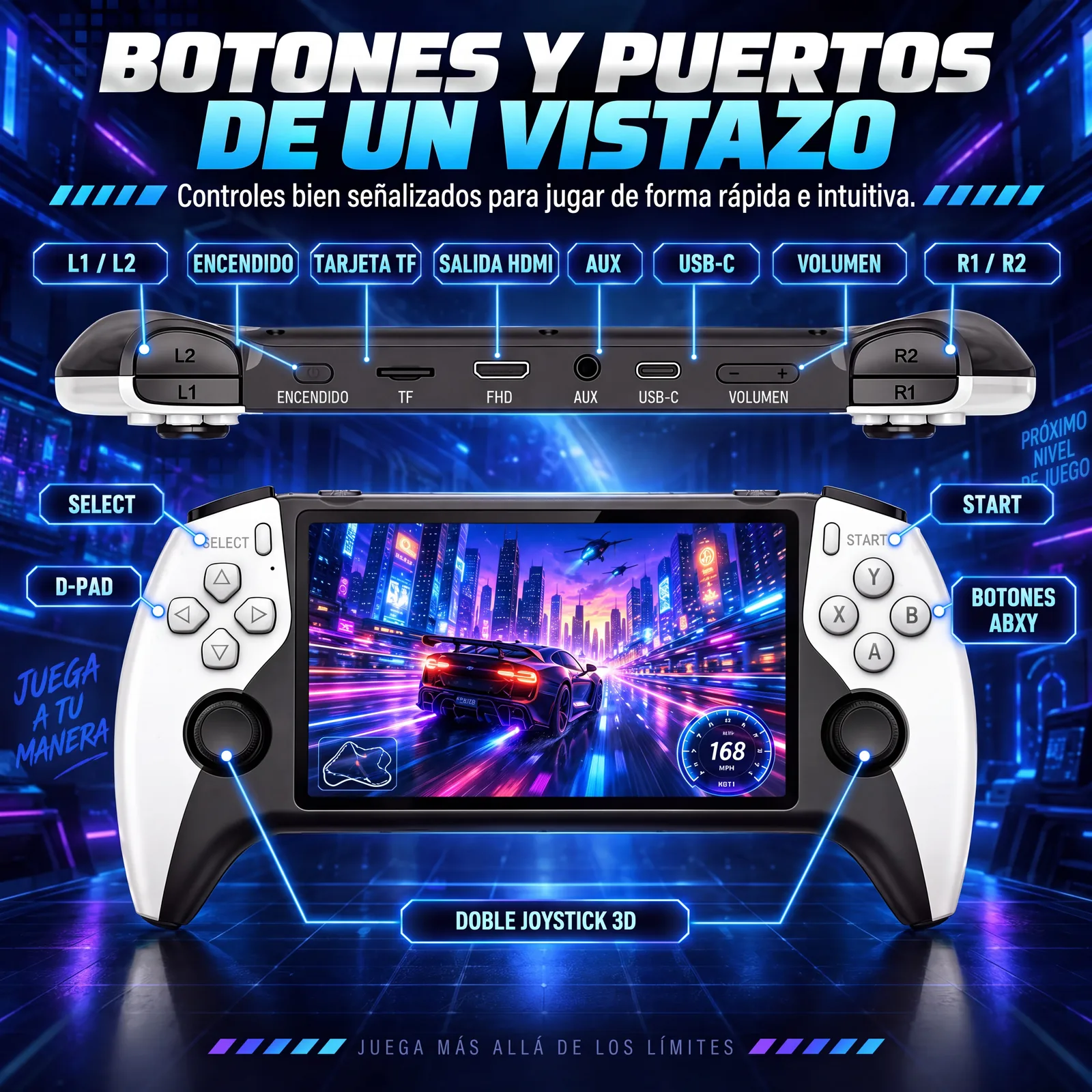 Botones y puertos de la consola retro portátil