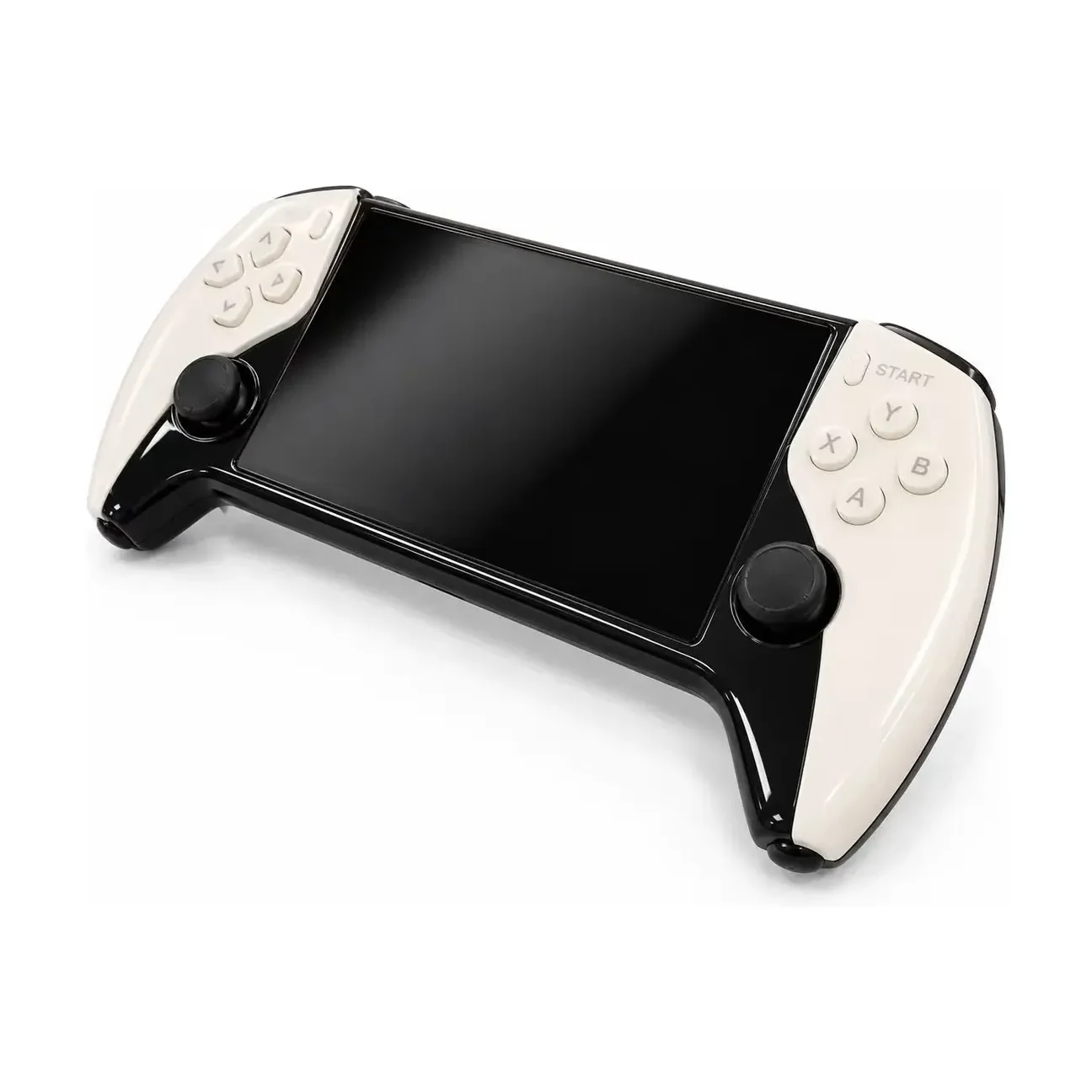 Consola retro portátil Maquinita vista de tres cuartos, agarres blancos y pantalla de 5 pulgadas